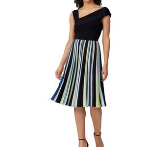 Sachin & Babi One Shoulder Pleated Midi Dress Size L Swing‎ Flowy Striped Glam